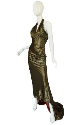 1930s Hollywood Starlet Burnished Gold Trained Halter Dress