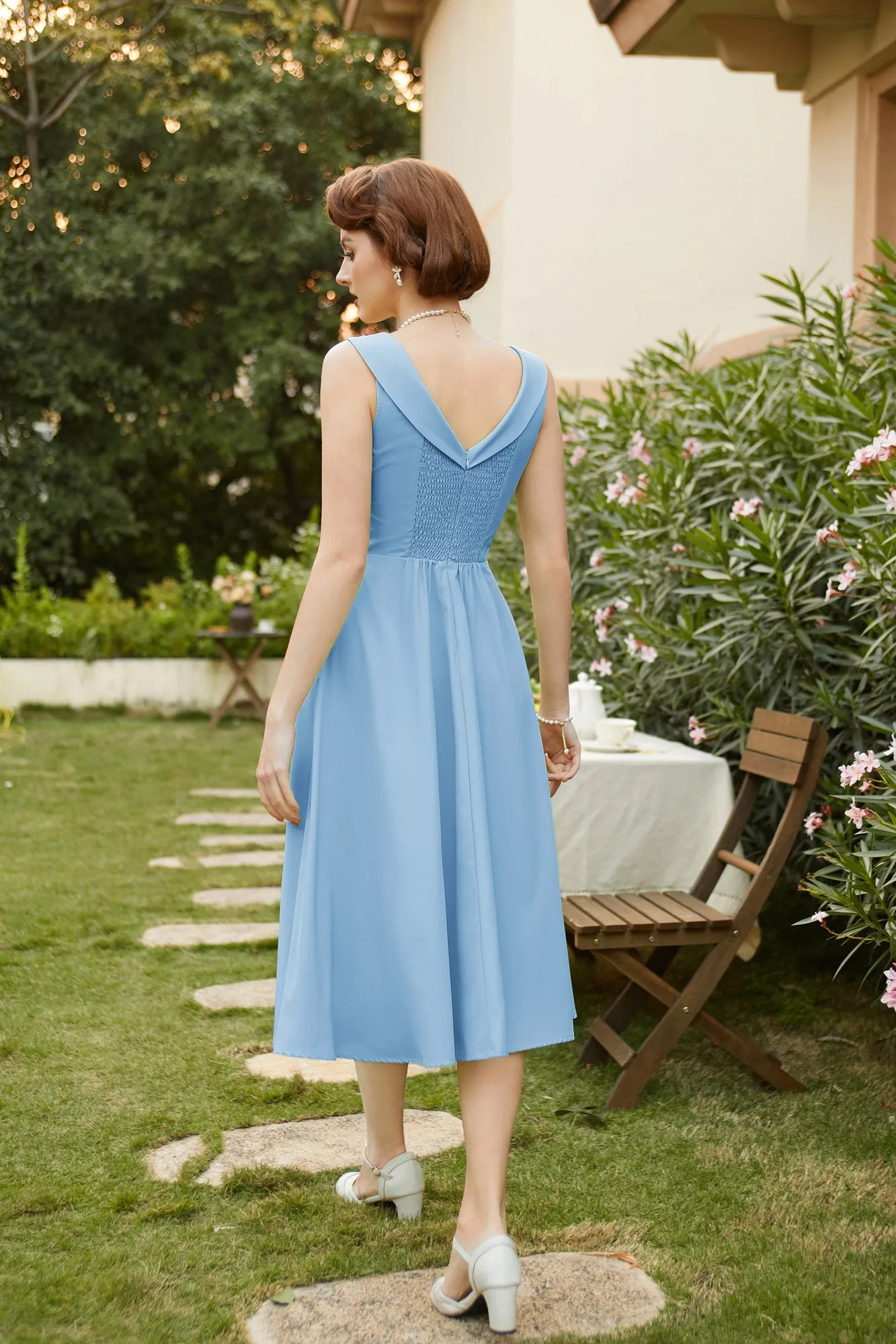 1950s Vintage Cocktail Swing Dresses Summer Square Neck Sleeveless A-Line Dress with Pockets