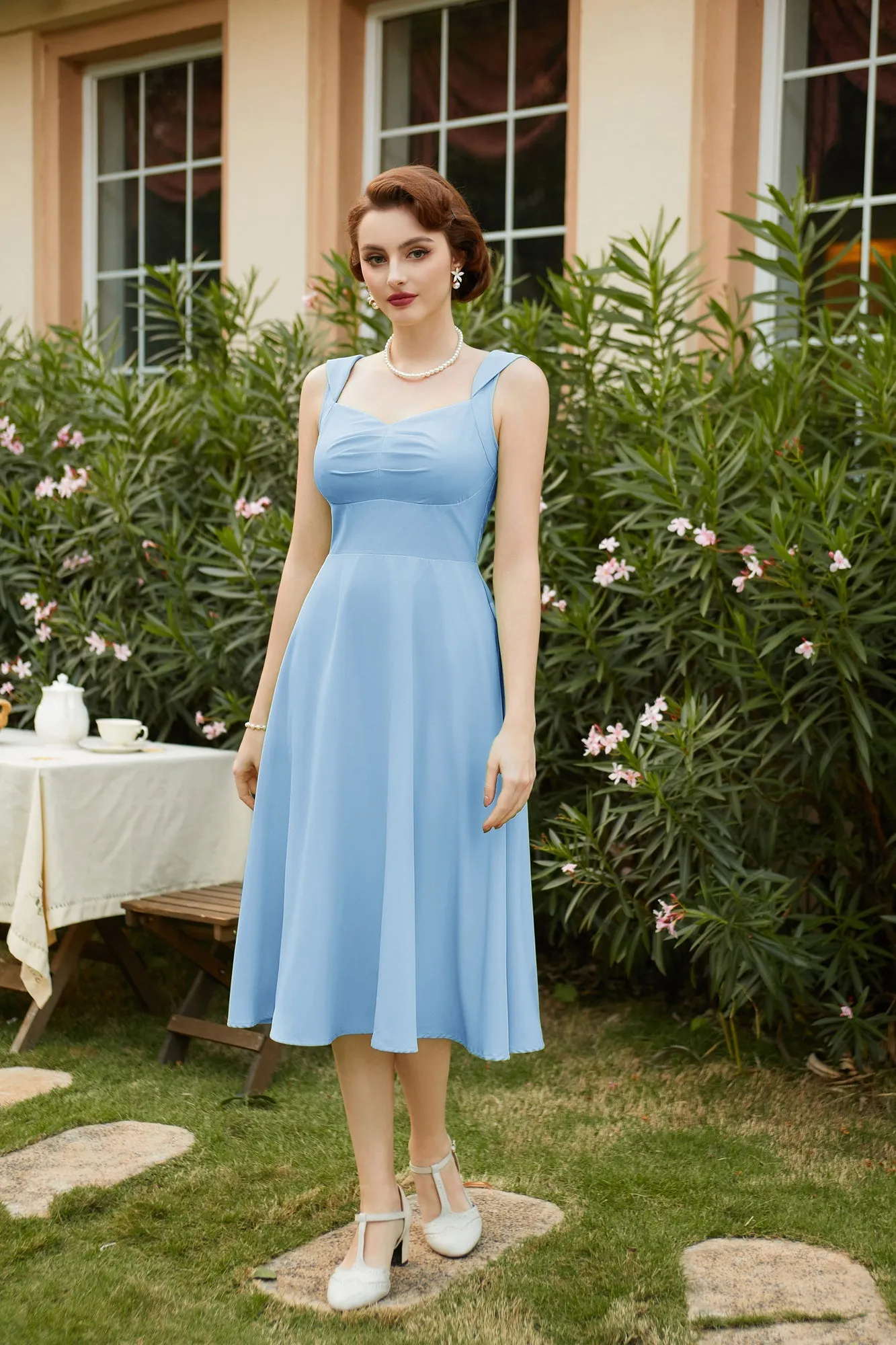 1950s Vintage Cocktail Swing Dresses Summer Square Neck Sleeveless A-Line Dress with Pockets