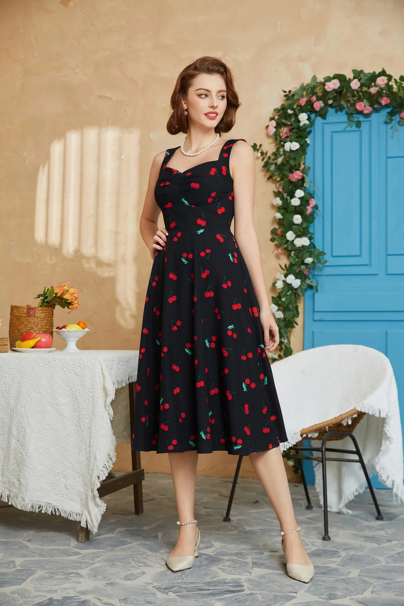 1950s Vintage Cocktail Swing Dresses Summer Square Neck Sleeveless A-Line Dress with Pockets