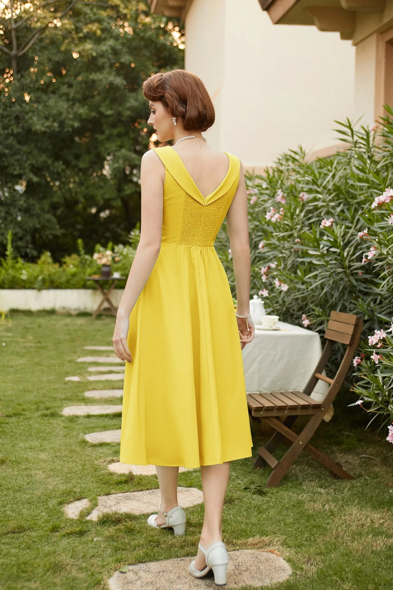 1950s Vintage Cocktail Swing Dresses Summer Square Neck Sleeveless A-Line Dress with Pockets