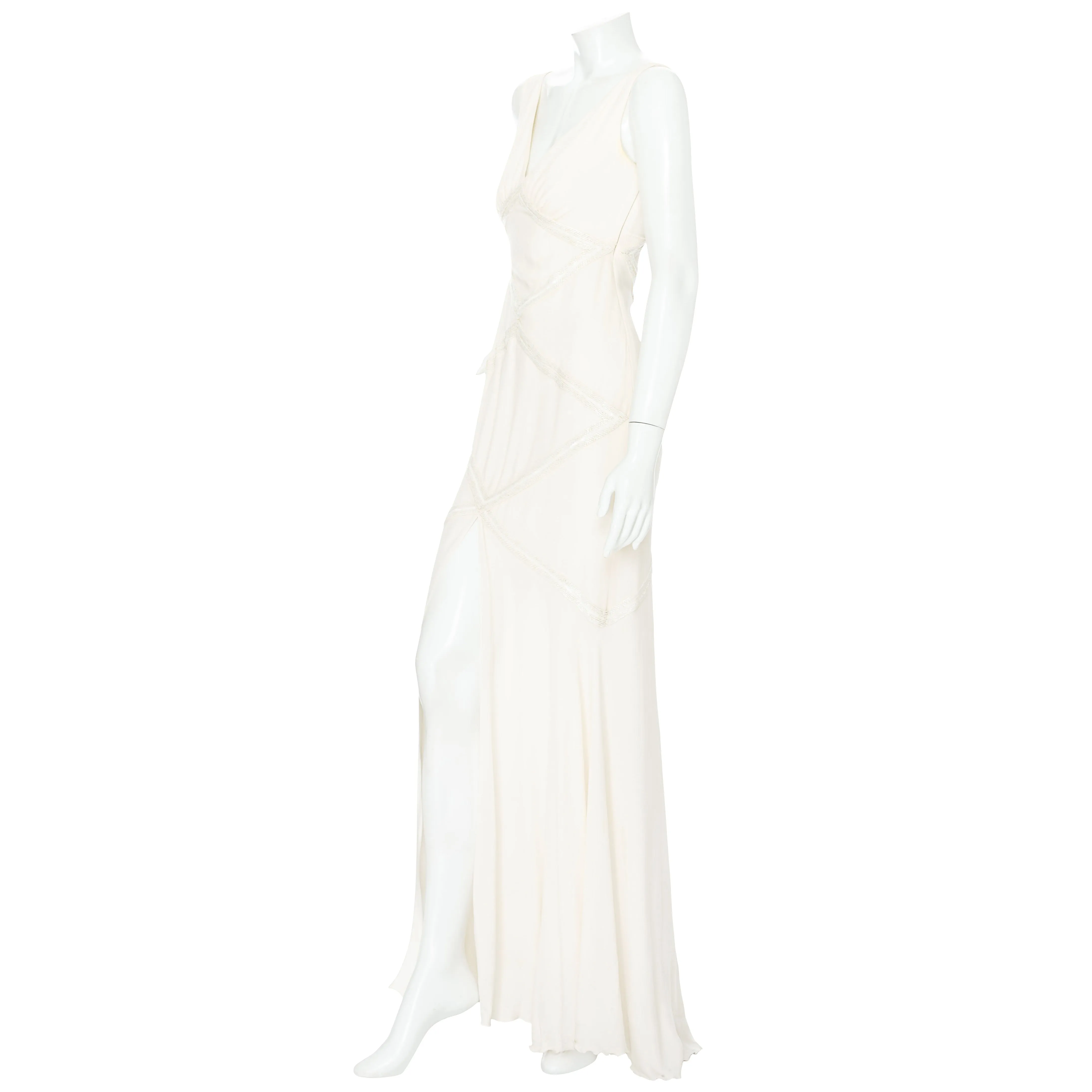 2000s Ivory White Silk Beaded Sleeveless Dress