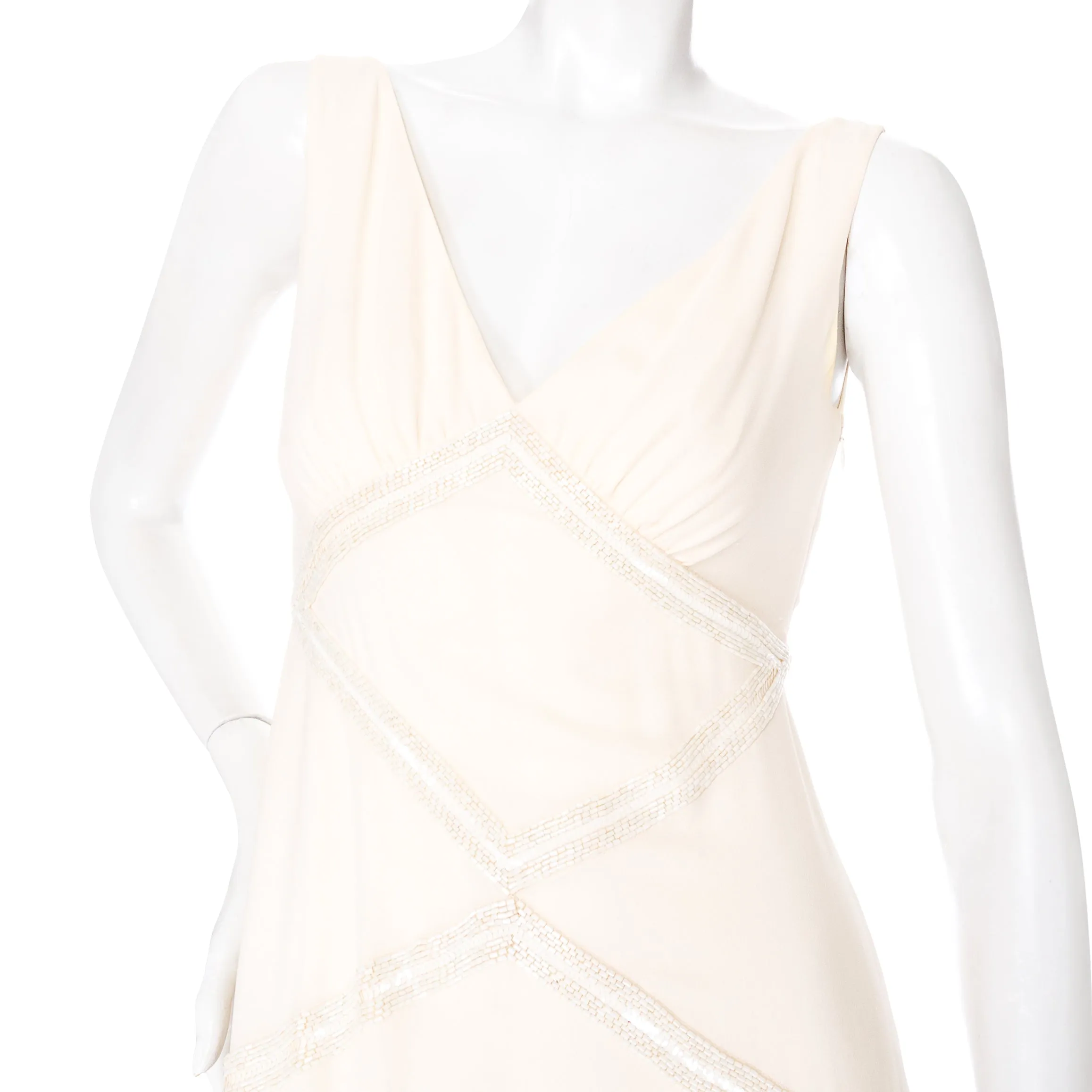 2000s Ivory White Silk Beaded Sleeveless Dress