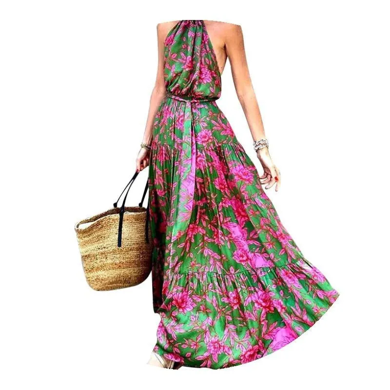 2023 summer new women's halter neck sexy backless beach boho print Maxi dress