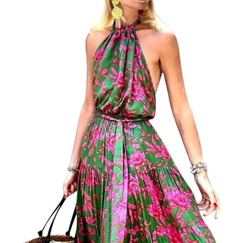 2023 summer new women's halter neck sexy backless beach boho print Maxi dress