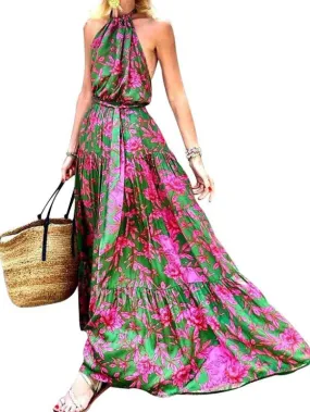 2023 summer new women's halter neck sexy backless beach boho print Maxi dress