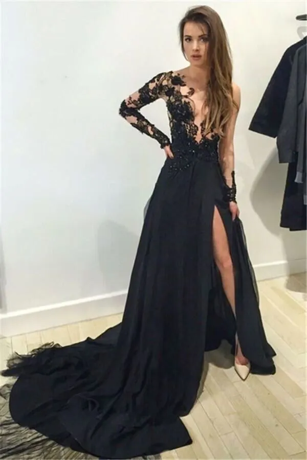 2024 Long Sleeves Prom Dresses With Slit And Applique PTPQS7BH