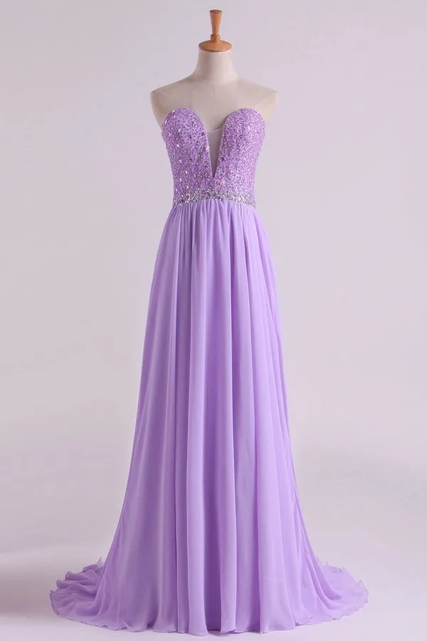 2024 Sweetheart Beaded Bodice Prom Dresses Chiffon With Slit PF8HL521