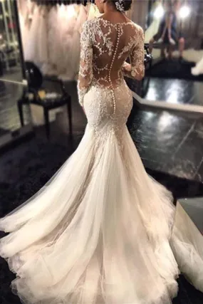 2024 V Neck Wedding Dresses Mermaid/Trumpet With Applique And Beads PPMNXYJB