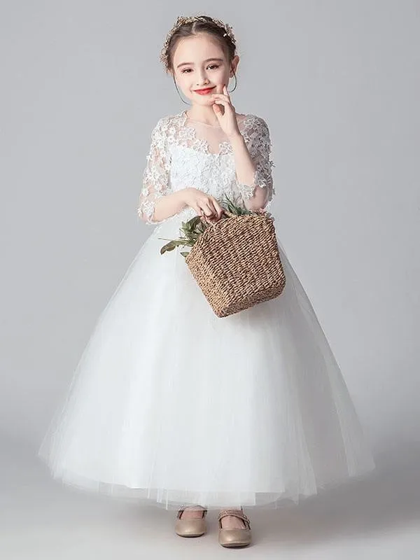 3/4 Length Sleeves Ankle-Length PrincessWhite Flower Girl Dresses Tulle Formal Kids Pageant Dresses