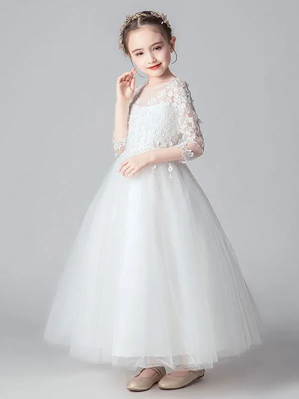 3/4 Length Sleeves Ankle-Length PrincessWhite Flower Girl Dresses Tulle Formal Kids Pageant Dresses