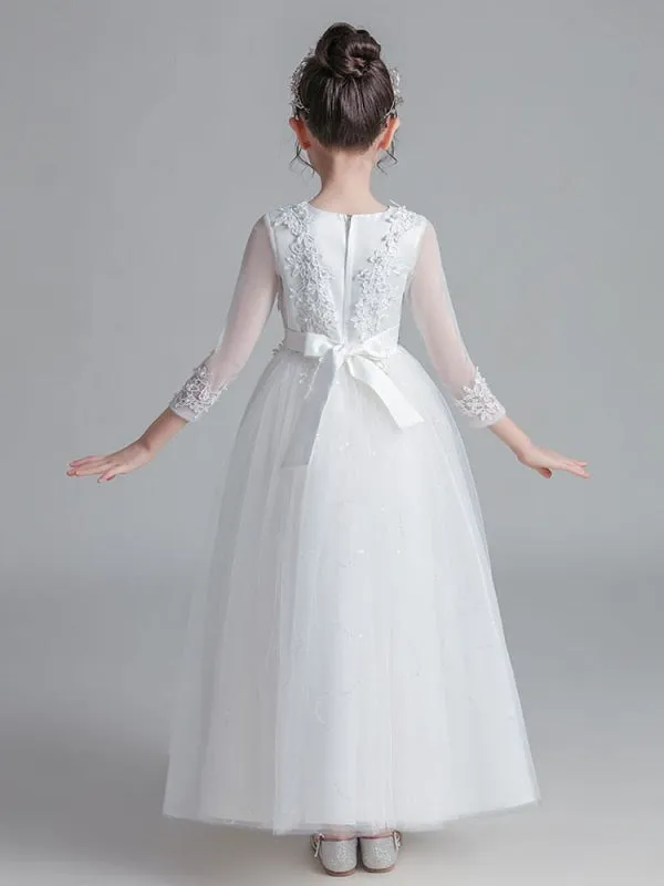 3/4 Length Sleeves Tulle Lace White Flower Girl Dresses Embroidered Formal Kids Pageant Dresses