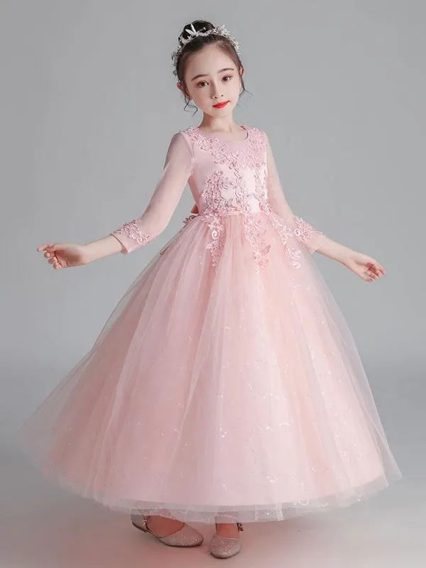 3/4 Length Sleeves Tulle Lace White Flower Girl Dresses Embroidered Formal Kids Pageant Dresses