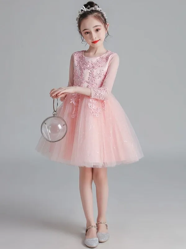 3/4 Length Sleeves White Flower Girl Dresses Jewel Neck Tulle Lace Embroidered Kids Party Dresses