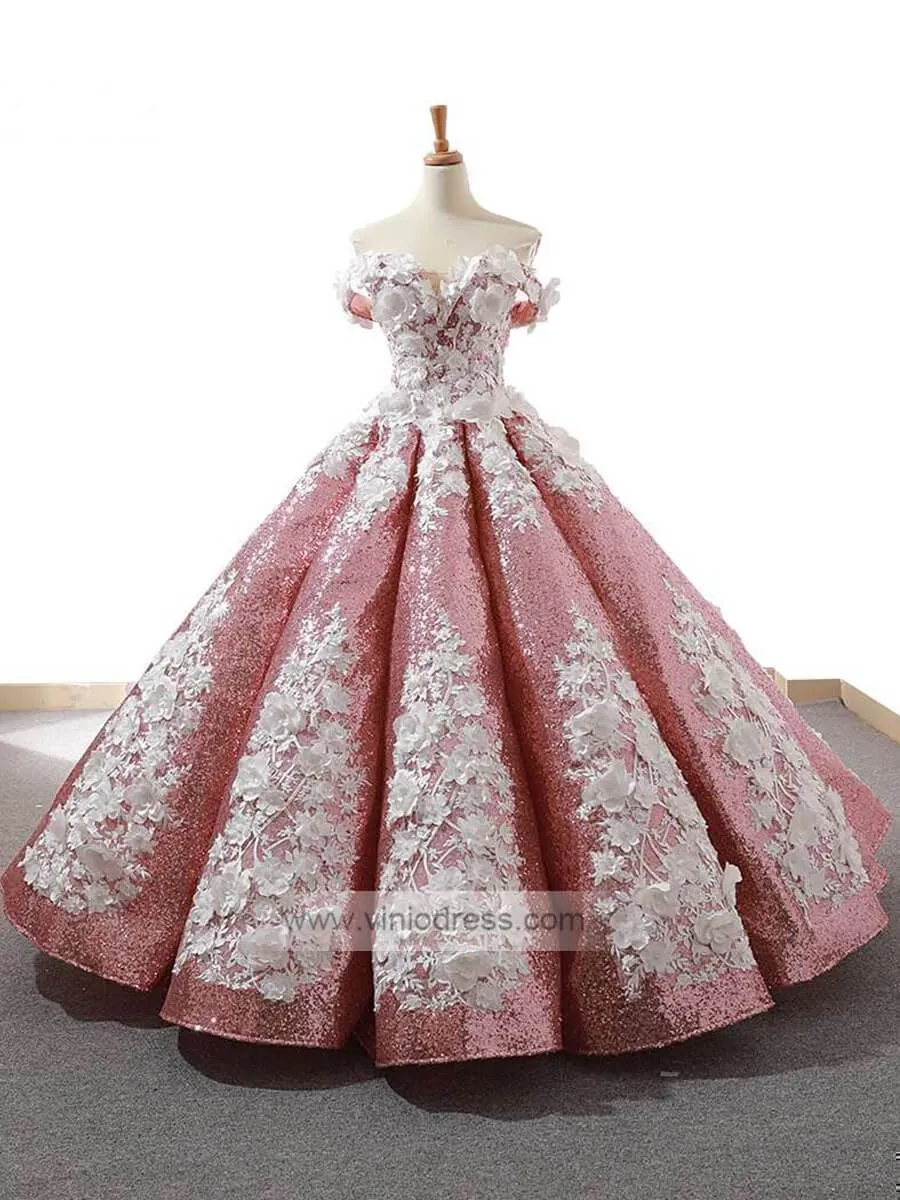 3D Floral Sequin Ball Gown Prom Dresses FD1109