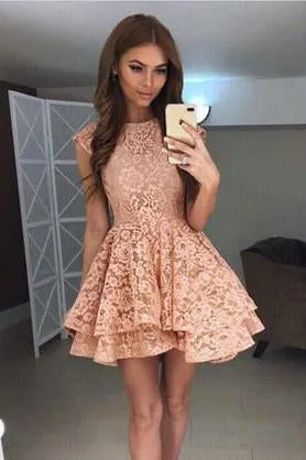 A Line Above Knee Straps Lace Homecoming Dresses with Scoop Short Prom Dresses JS838