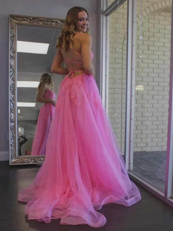 A Line Backless Pink Lace Long Prom Dresses with High Slit, Backless Pink Formal Dresses, Pink Lace Evening Dresses