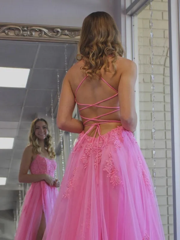 A Line Backless Pink Lace Long Prom Dresses with High Slit, Backless Pink Formal Dresses, Pink Lace Evening Dresses