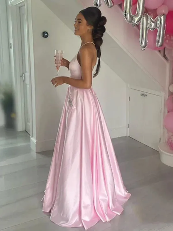 A Line Backless Pink Satin Long Prom Dresses with Pocket, Long Pink Formal Graduation Evening Dresses