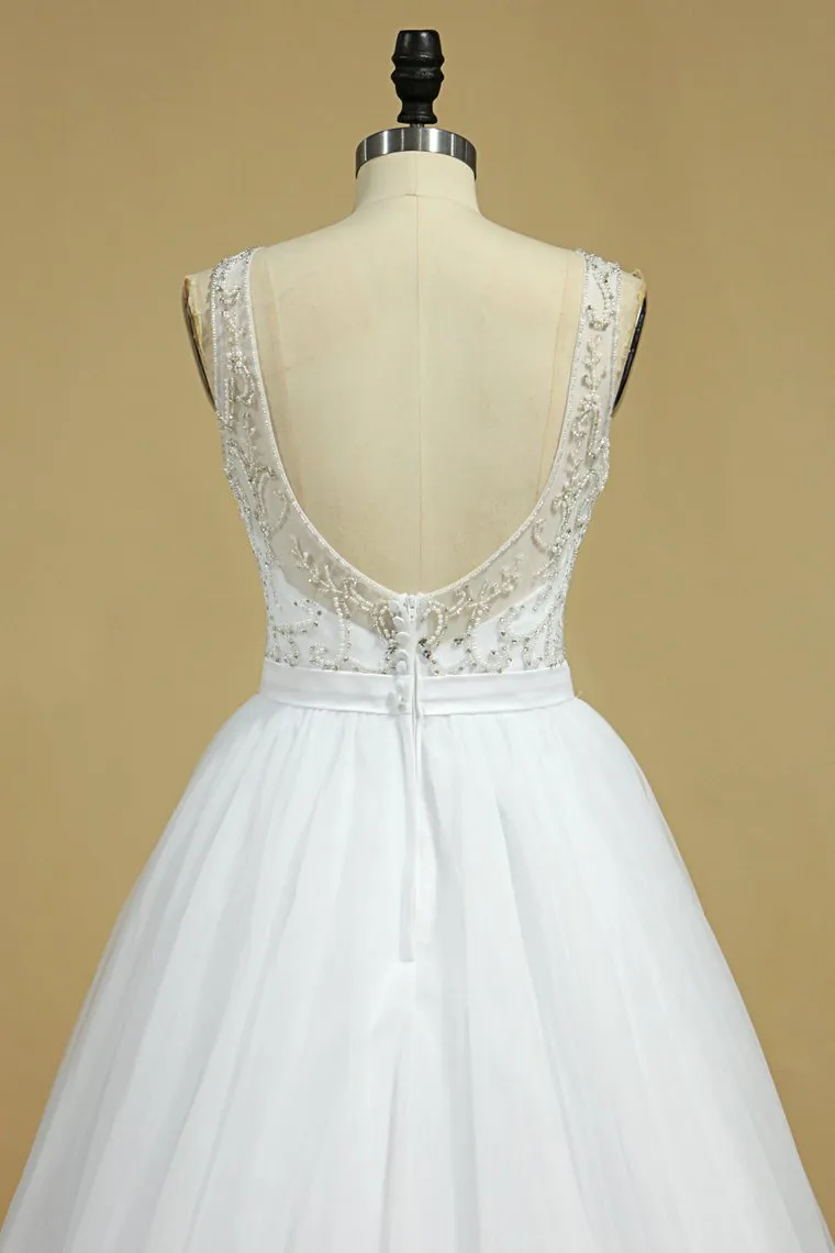 A Line Bateau Open Back Beaded Bodice Tulle Court Train Wedding Dresses