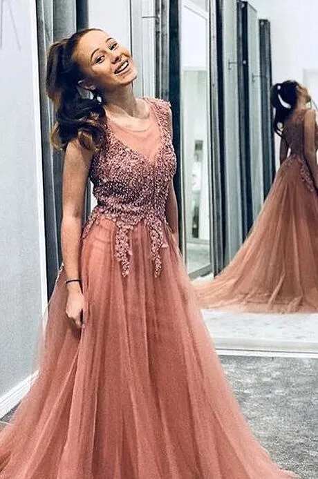 A Line Beaded Long Rosy Brown Tulle Prom Dresses, Round Neck Evening Dresses SJS14991