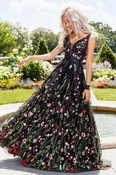 A Line Black Backless Lace Floral Long Sleeveless V Neck Formal Dresses Prom Dresses JS326