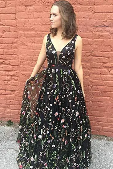 A Line Black Backless Lace Floral Long Sleeveless V Neck Formal Dresses Prom Dresses JS326