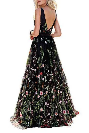 A Line Black Backless Lace Floral Long Sleeveless V Neck Formal Dresses Prom Dresses