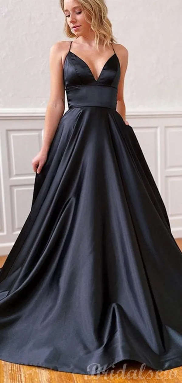 A-line Black Spaghetti Straps Simple Modest Long Evening Prom Dresses PD222