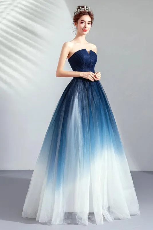 A line Blue Ombre Prom Dresses Lace up Sweetheart Strapless Formal Dresses JS339