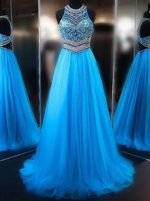 A line Blue Tulle Halter Beads Open Back Prom Dresses Long Evening Dresses JS579