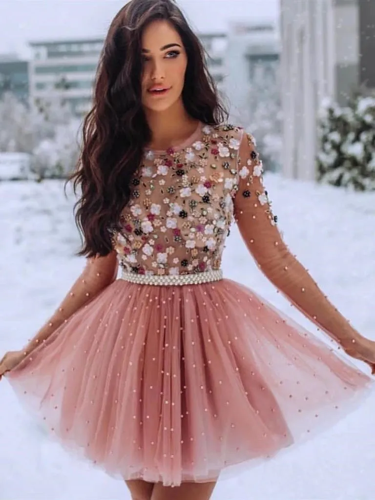 A Line Blush Pink Long Sleeve Homecoming Dresses 3D Flowers Beaded Short Prom Dresses H1140