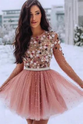 A Line Blush Pink Long Sleeve Homecoming Dresses 3D Flowers Beaded Short Prom Dresses H1140