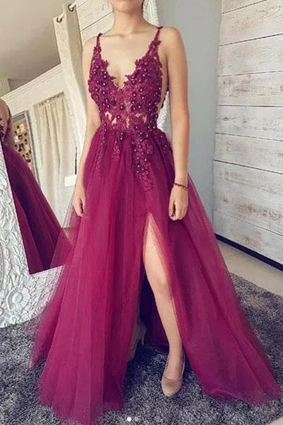 A line Burgundy V Neck Straps Tulle Prom Dresses Beads Lace Appliques Party Dresses JS700