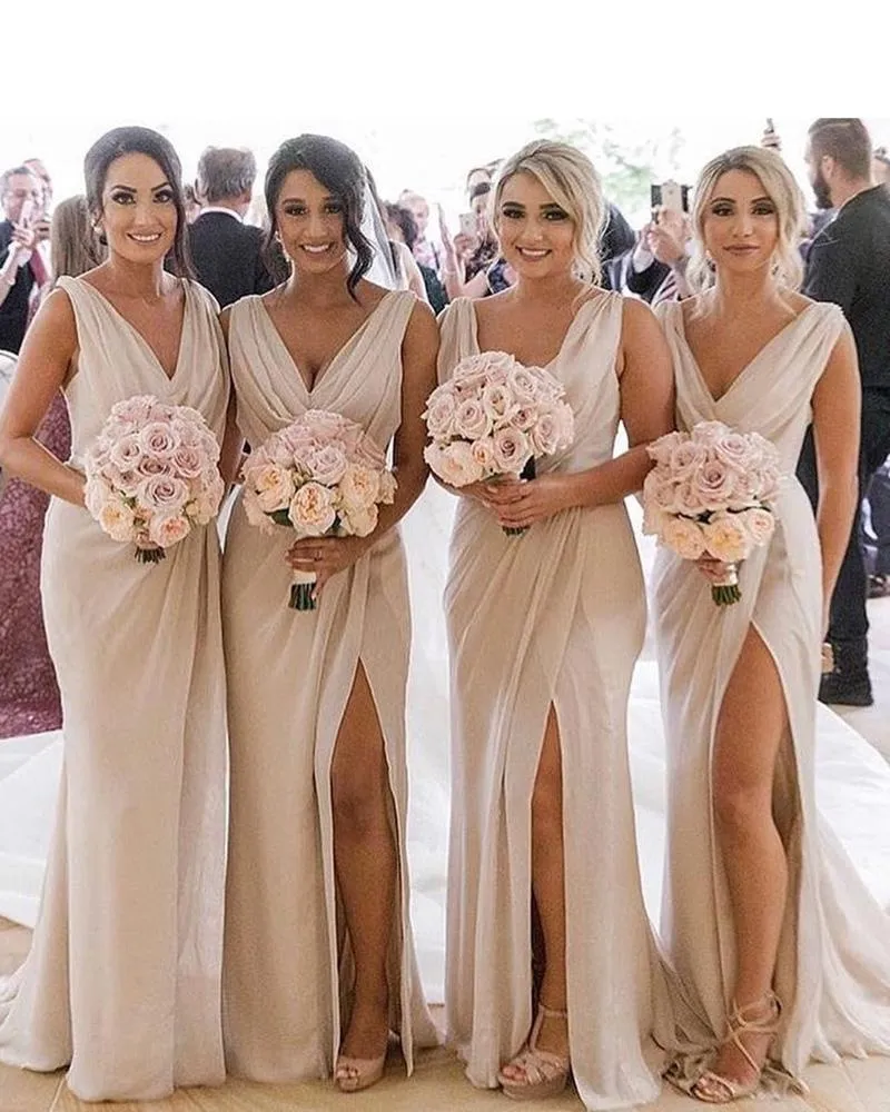 A Line Chiffon V Neck Beige Ruffles Bridesmaid Dresses Long with Slit Prom Dresses