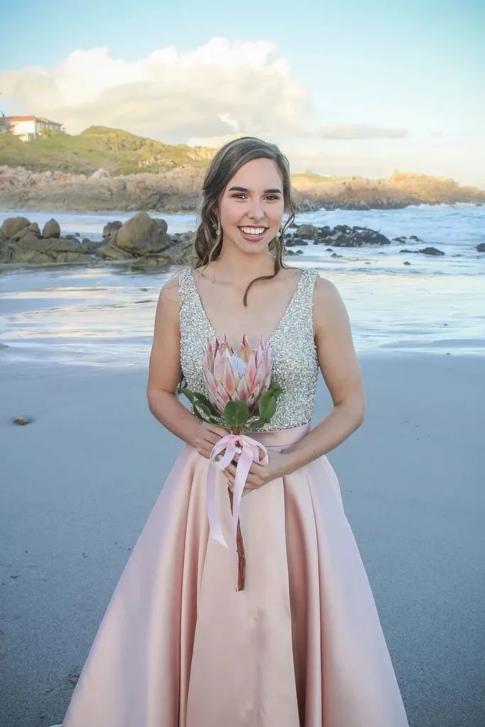 A Line Deep V Neck Beaded Bodice Blush Pink Prom Dresses, Evening Dresses SJS15487