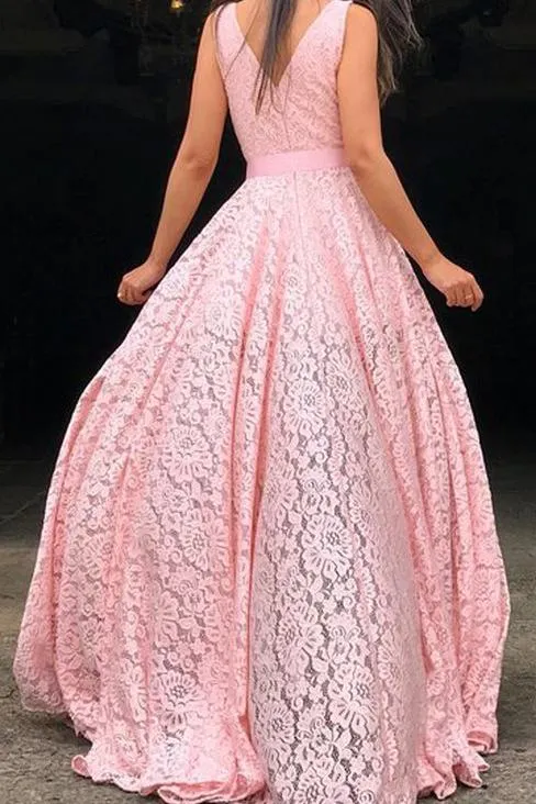 A Line Deep V Neck Pink Lace Sleeveless Prom Dresses Long Party Dance Dresses P1113