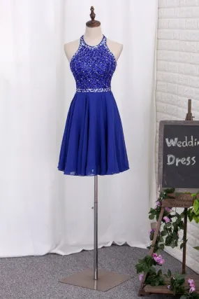 A Line Halter Beaded Bodice Homecoming Dresses Chiffon Open Back