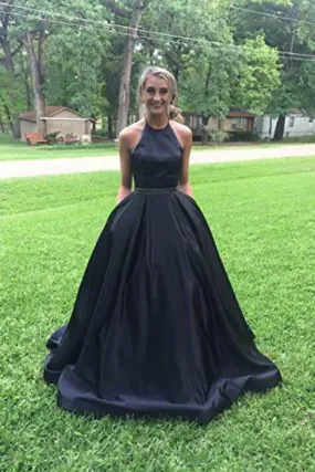 A line Halter Navy Blue Beads Prom Dresses with Pockets Long Evening Dresses JS566