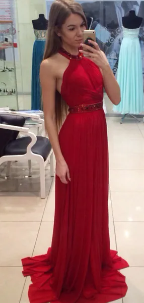 A Line Halter Red Chiffon Long Prom Dresses with Beading Cheap Evening Dresses JS702