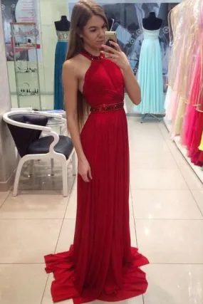 A Line Halter Red Chiffon Long Prom Dresses with Beading Cheap Evening Dresses JS702