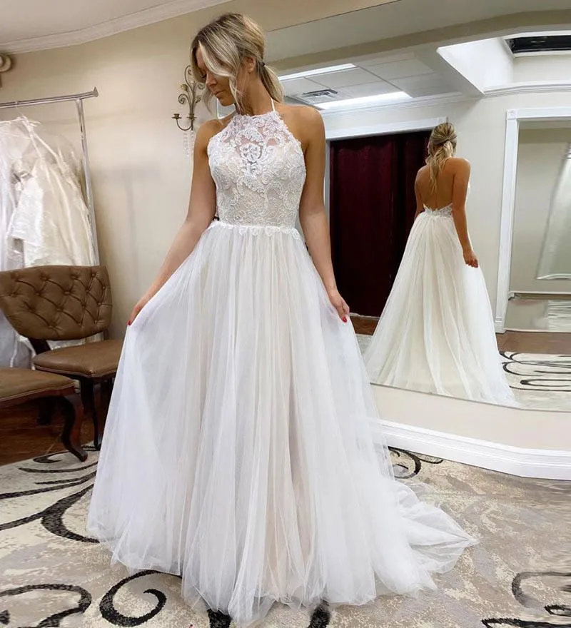 A Line Halter Tulle Wedding Dress with Top Lace, Backless Beach Wedding Dresses STK15547