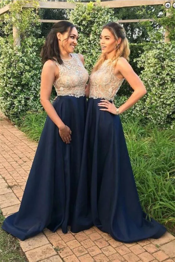 A line High Neck Blue Sleeveless Beads Prom Dresses Satin Bridesmaid Dresses JS876