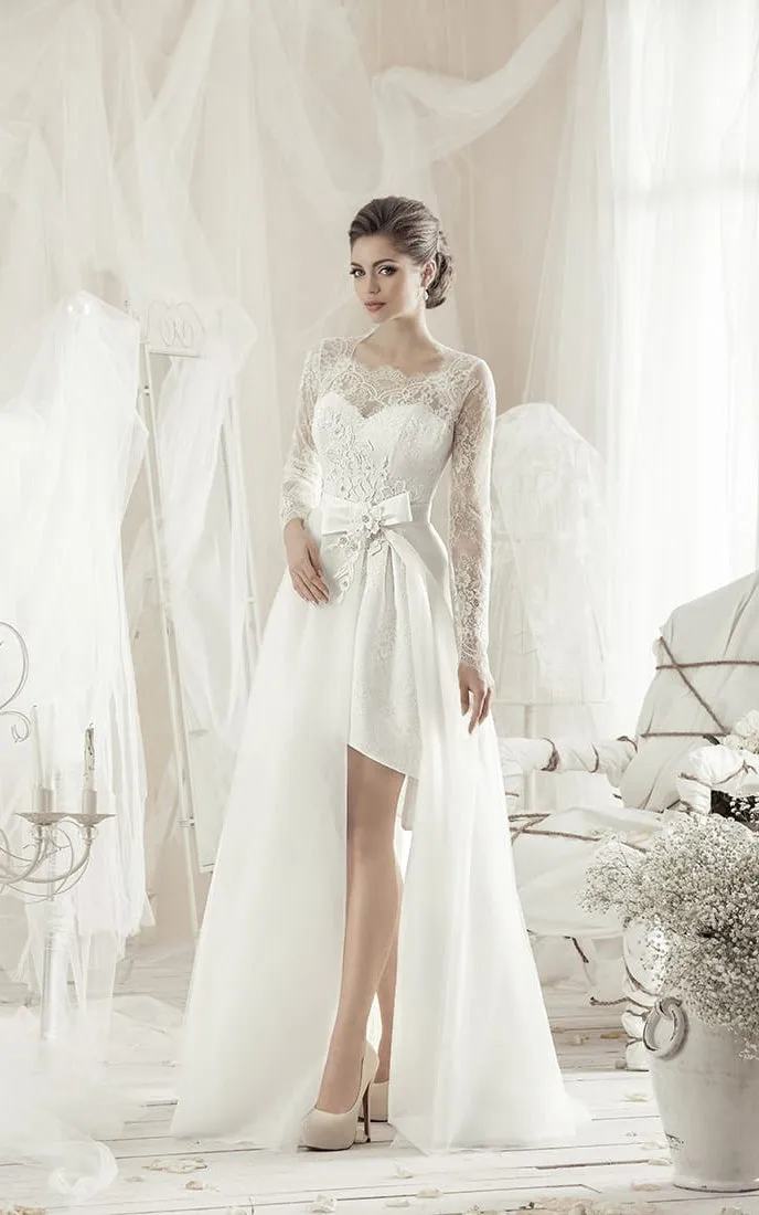 A-Line Knee-Length Square Long-Sleeve Lace Dress With Bow And Appliques-714587