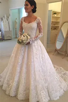 A Line Lace Applique Long Sleeve Sweetheart Covered Button Wedding Dresses uk JS331