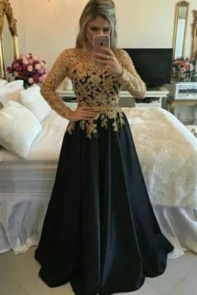 A line Lace Black Puffy Pearls Gold Evening Dresses Long Sleeve Appliques Prom Dresses JS664