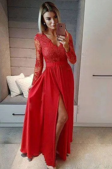 A line Navy Blue Long Sleeve Sweetheart Prom Dresses Slit Long Evening Dresses