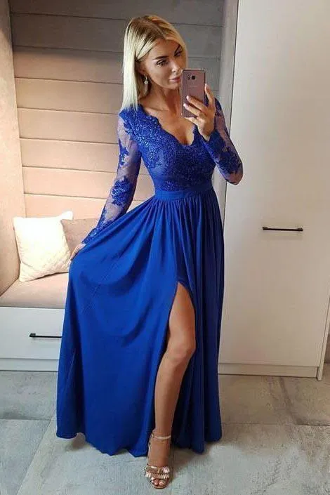 A line Navy Blue Long Sleeve Sweetheart Prom Dresses Slit Long Evening Dresses