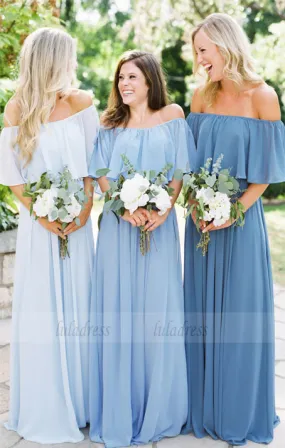 A-Line Off the Shoulder Bridesmaid Dresses, Long Light Blue Bridesmaid Dresses,BD98266