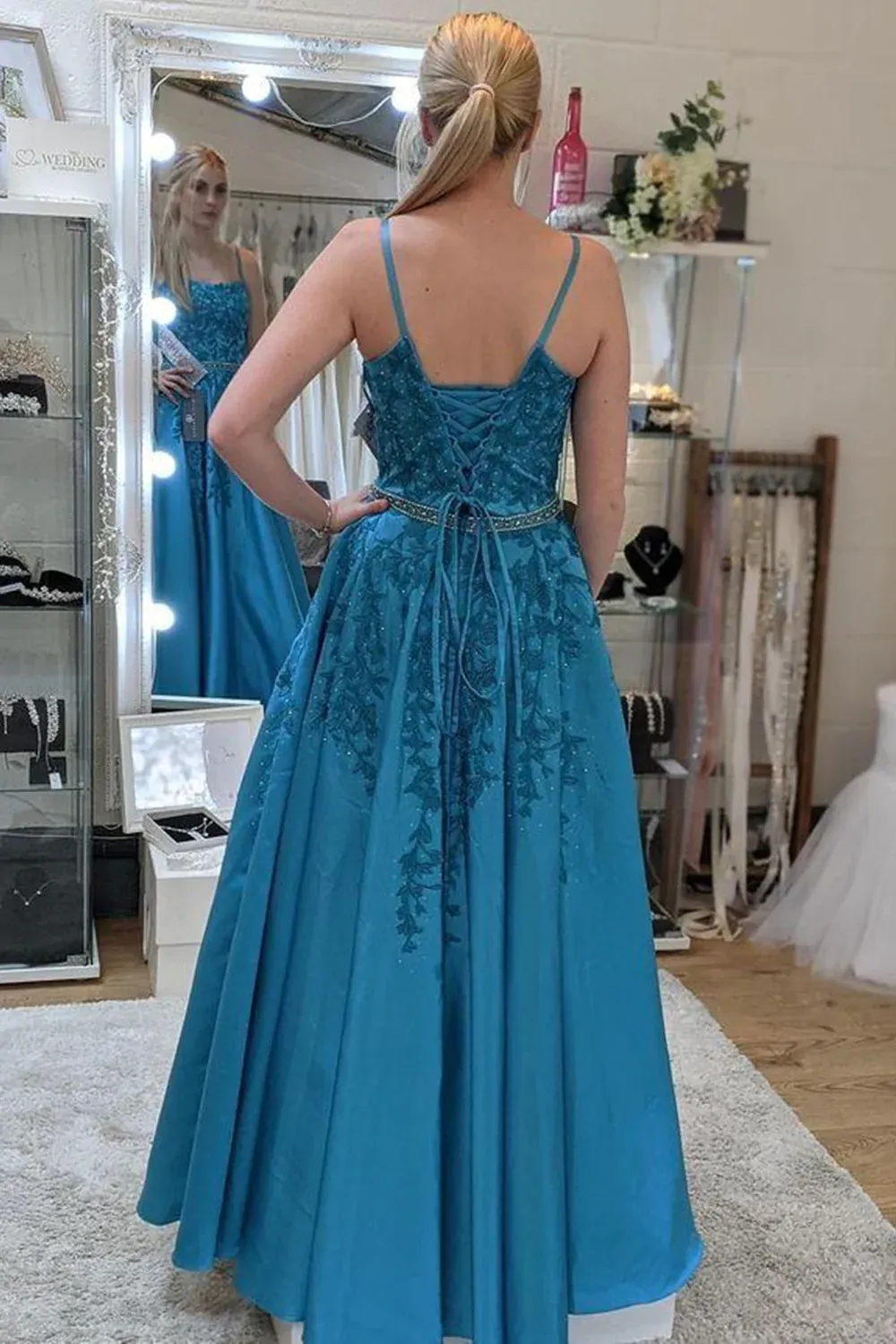 A Line Open Back Blue Lace Long Prom Dresses with Belt, Blue Lace Formal Dresses, Blue Evening Dresses Y174